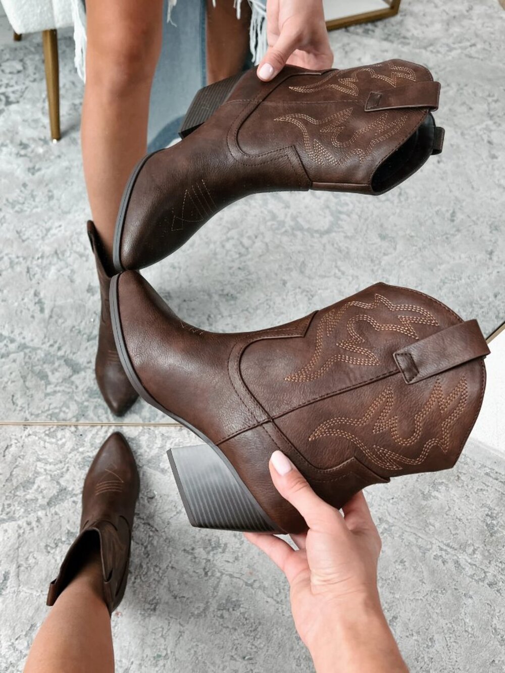Soda Brown Western Ankle Booties